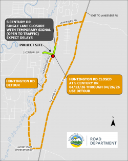 Map of detour route around Huntington Road closure